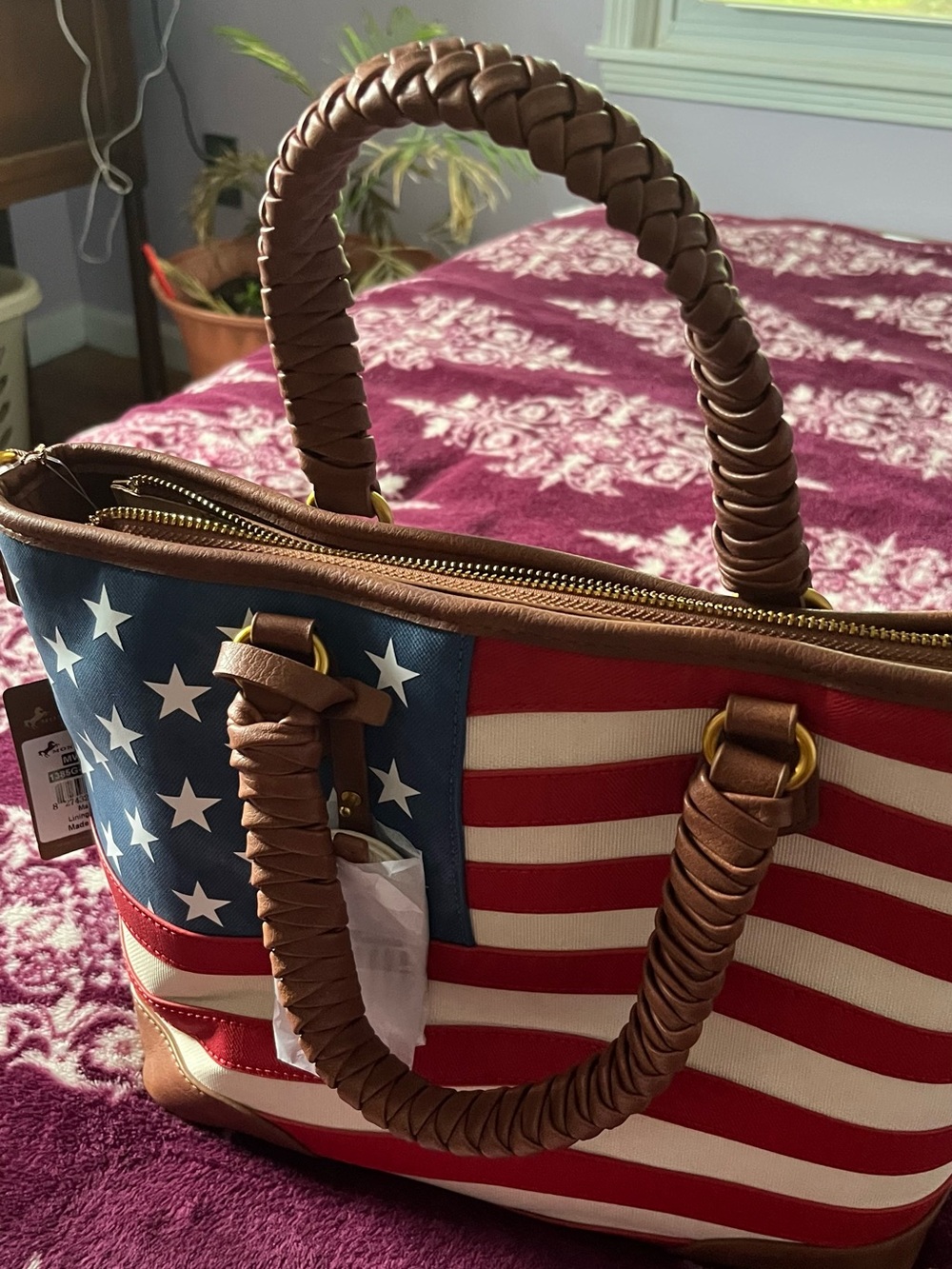 Montana West American Flag Tote with Brown Braided Handles